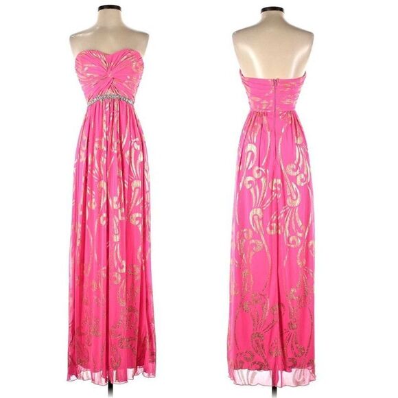 Vintage y2k City Studio Gown Strapless Pink Gold Rhinestone Homecoming JR 1 - Picture 1 of 11